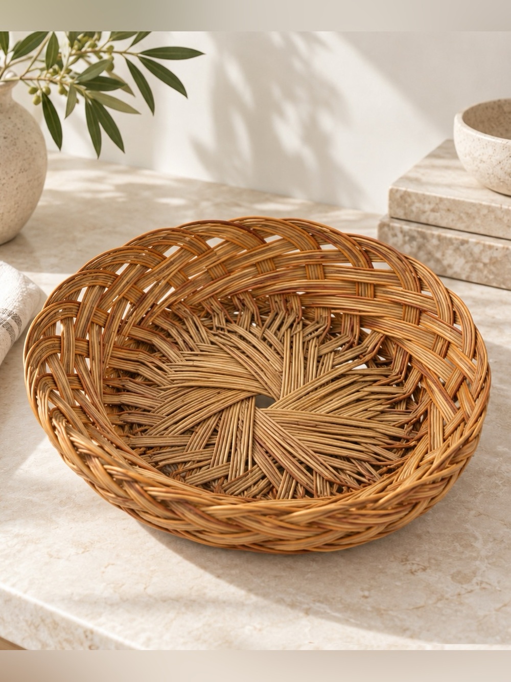 Vintage Handwoven Wicker Rattan Basket Bowl Boho Rustic Farmhouse Decor 11”